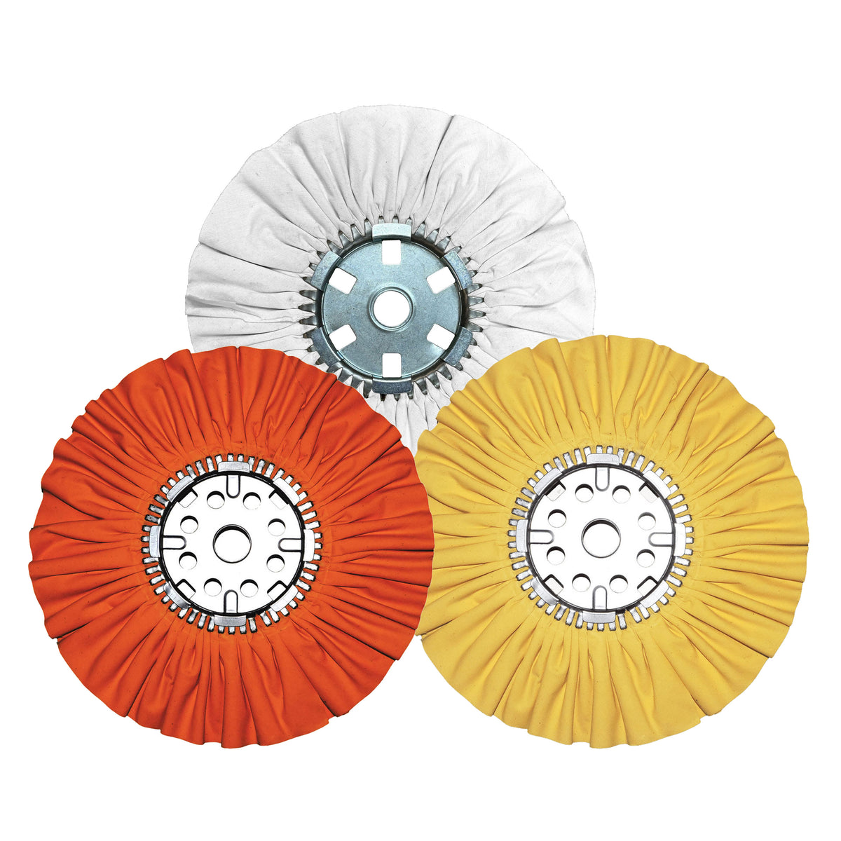 Large Buffing Wheels – Assorted Display, High-Quality Buffing Wheels for Metal Polishing and Finishing, Various Sizes and Materials for Different Polishing Stages, Ideal for Achieving a Professional Shine on Metal Surfaces.