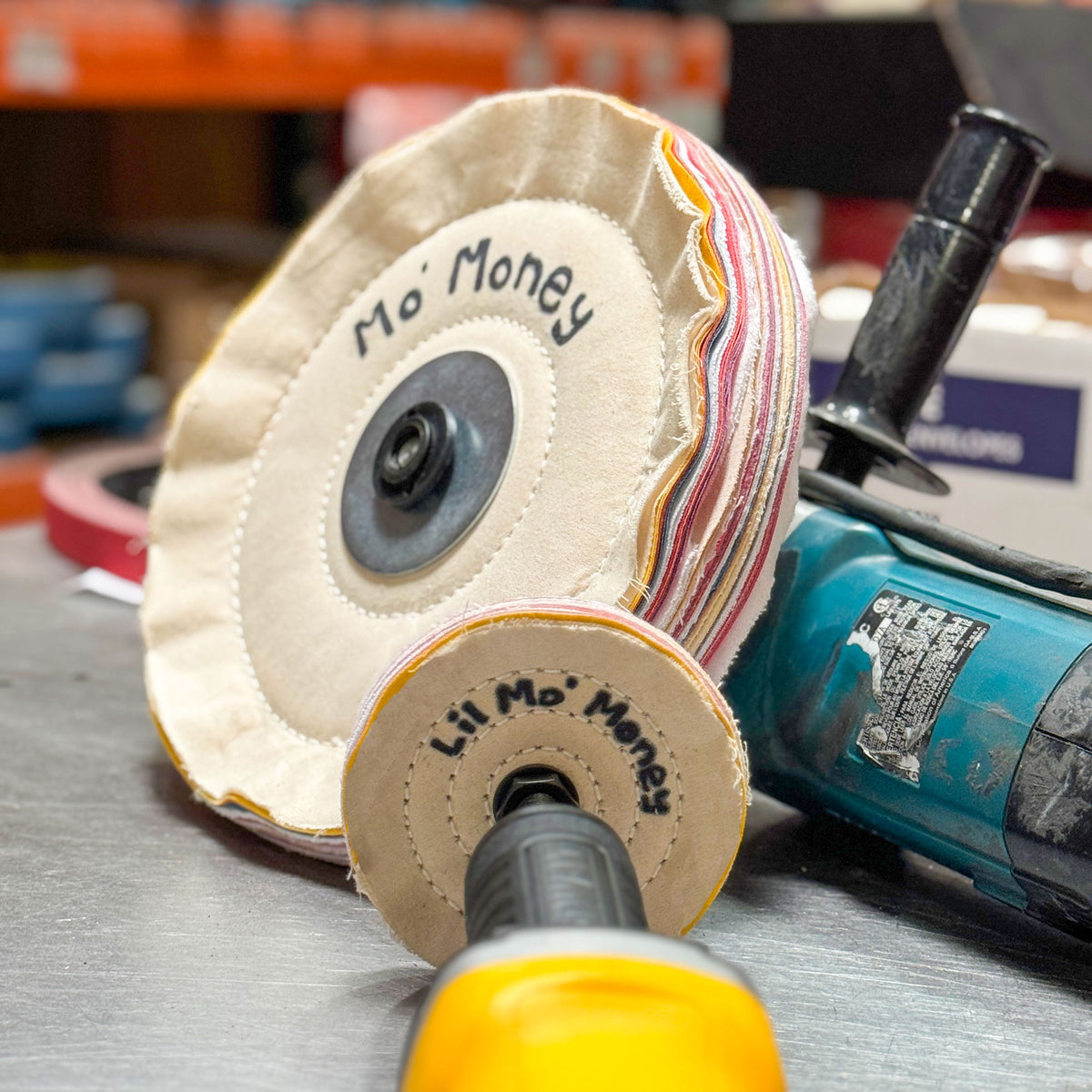 Renegade Products USA The Mo&#39; Money Bundle in Use with Machine Polisher – High-Performance Buffing Wheels and Compounds in Action, Delivering Professional Metal Polishing Results for Automotive and Industrial Applications.