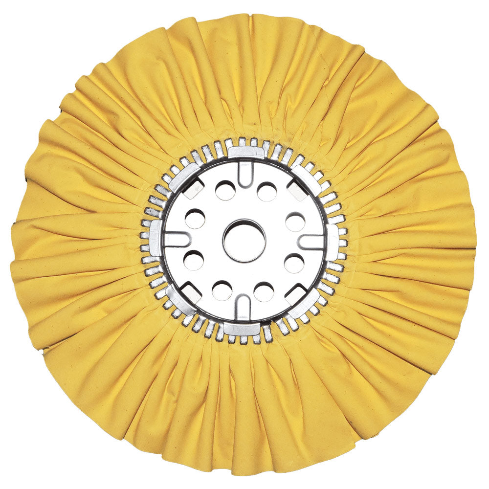 Large Buffing Wheels – Yellow Display, High-Performance Buffing Wheels for Metal Polishing and Finishing, Designed for Medium-Cut Polishing to Enhance Shine on Metal Surfaces, Ideal for Professional Metalworking Applications.