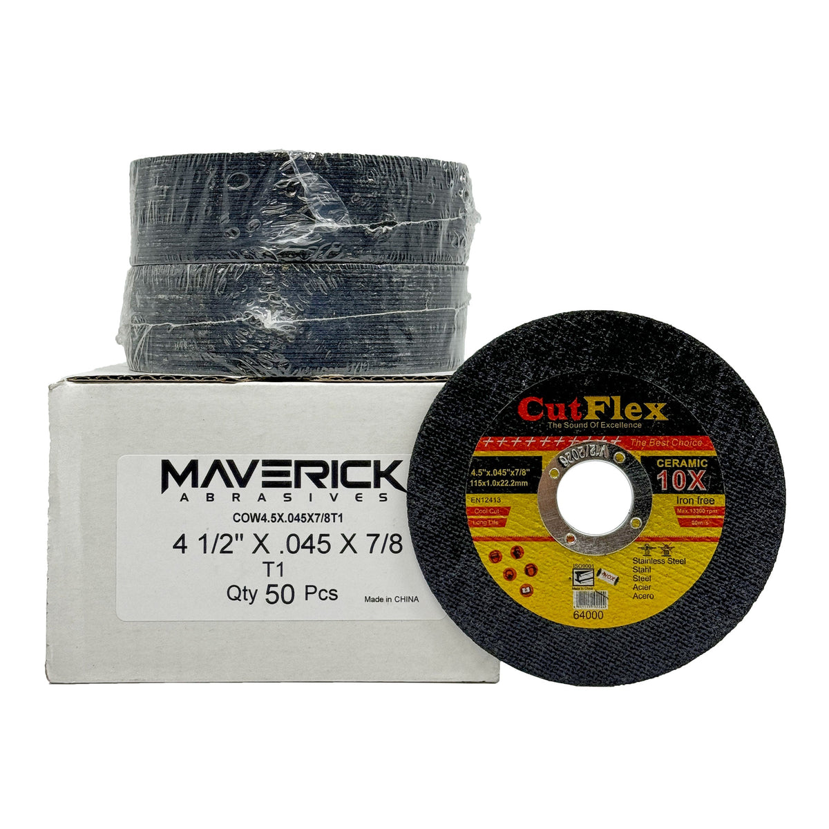 Cut Off Wheel 4.5-Inch x 0.045-Inch x 7/8-Inch Type 27 Depressed Center – 50 Pack, Displayed Next to Box, Heavy-Duty Cutting Discs for Metal Cutting, Perfect for Angle Grinders, High-Performance and Durable Wheels for Industrial and Automotive Use.