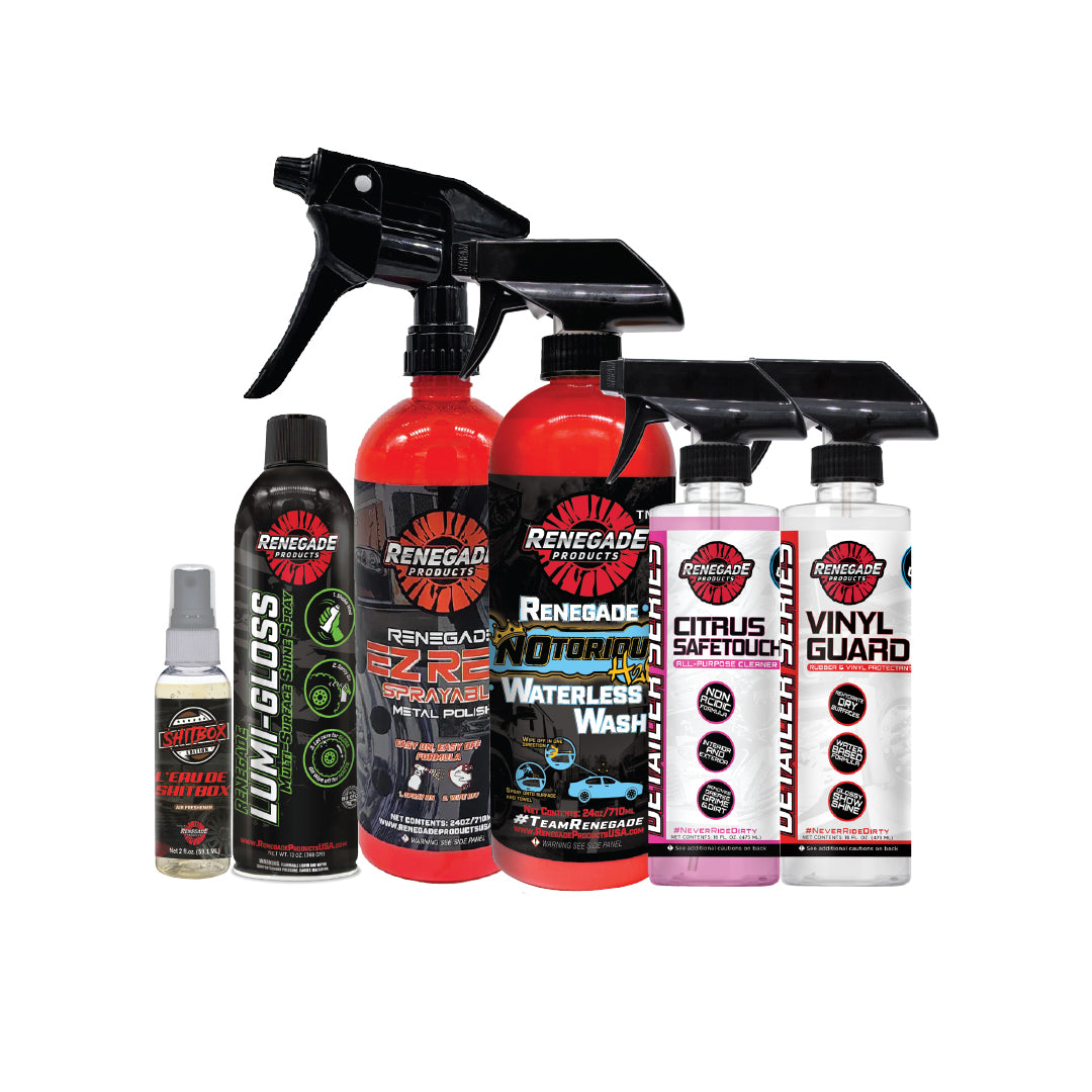 Renegade Products USA S#itbox Mini Detailing Kit – Contents, Complete Set of Premium Metal Polishing and Detailing Products, Ideal for On-the-Go Vehicle Care, Includes High-Quality Compounds, Buffing Pads, and Cleaning Tools for Professional Results.